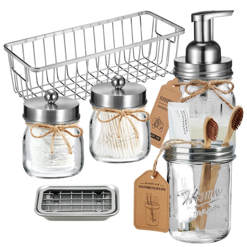 SheeChung 6Pack Mason Jar Bathroom Accessories Set - Foaming Soap Dispenser, Toothbrush Holder, 2Pack Qtip Holders, Bathroom Sink Set, Guest Towel Holder- Brushed Nickel - Image 1